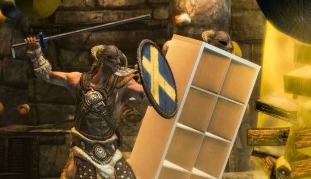 A Ikea lançou um mod para Skyrim onde os jogadores são acompanhados por uma estante Kallax com a voz de Matt&nbsp;Berry.